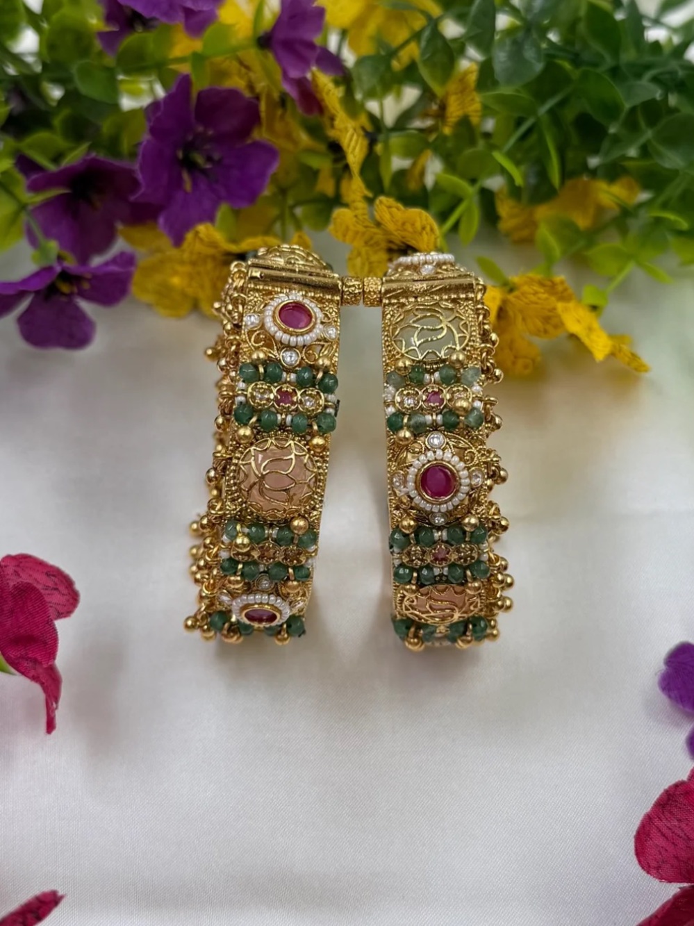Gold-Tone Green and Pink Stone Hoop Bangles (Kada) - Women Jewelry